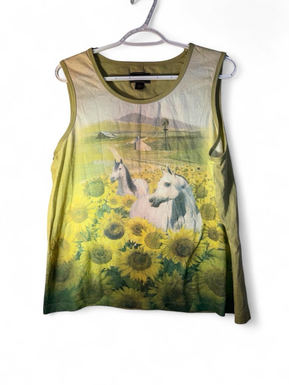 Bit & Bridle Olive Green & Yellow Sunflower Horse Tank Top